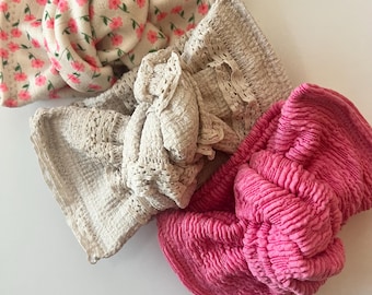 Florals and Ruffles Head wraps, Baby Turban, Bow, Hand-tied, Handmade, Stretch, Accessory, Adjustable, Mommy n Me, Ruffle Bows, Pink Bows