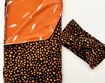 SWUDDLE (Swaddle-Cuddle) Blanket, Burnt Orange/Black, Dots, Lightning Bolts, Perfect Swaddle, Blanket Bow Set, Newborn Blanket