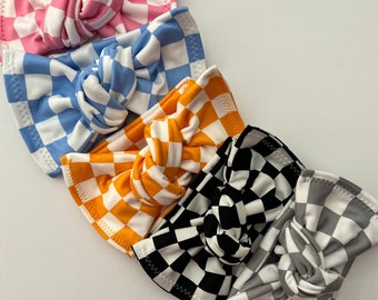 Checkered Head wraps, Baby Turban, Bow, Hand-tied, chunky Bows, Handmade, Stretch,  Accessory, Adjustable Headbands