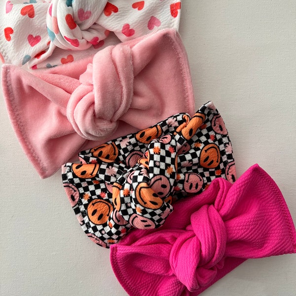 Valentine Head wraps, Baby Turban, Bow, Hand-tied, chunky Bows, Handmade, Stretch,  Accessory, Adjustable Headbands, Hearts, Love, V Day