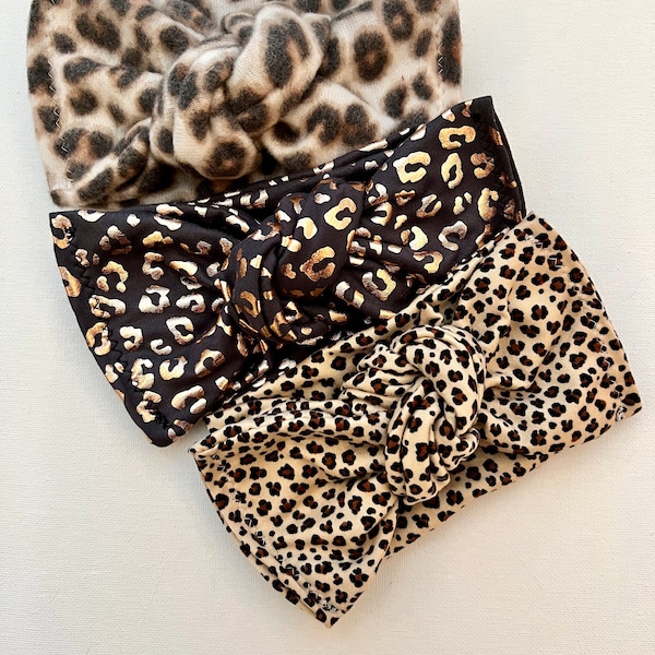 Leopard, Cheetah, Animal Print headwraps, Baby Turban, Bow, Hand-tied, chunky Bows, Handmade, Stretch,  Accessory, Adjustable Headbands