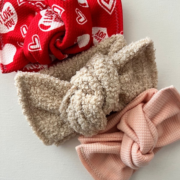 Sweetheart  Head wraps, Baby Turban, Bow, Hand-tied, chunky Bows, Handmade, Stretch,  Accessory, Adjustable Headbands, Teddy Bear Sherpa