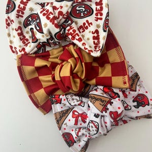 SF Football Head wraps, Baby Turban, Bow, Hand-tied, chunky Bows, Handmade, Stretch, Accessory, Adjustable Headbands, 49ers, checkered zdjęcie 1