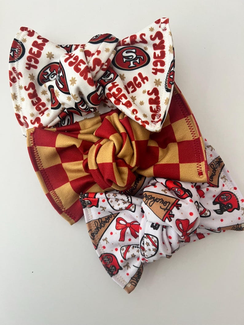 SF Football Head wraps, Baby Turban, Bow, Hand-tied, chunky Bows, Handmade, Stretch, Accessory, Adjustable Headbands, 49ers, checkered zdjęcie 1