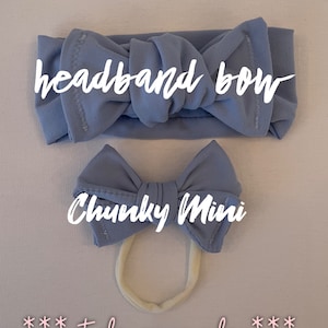 May include: Two blue fabric bows, one large and one small, are displayed. The larger bow is a headband bow, and the smaller bow is a Chunky Mini. The text "headband bow" and "Chunky Mini" are written on the image. The words "style examples" are also written on the image.