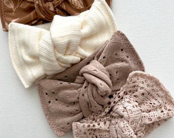 Neutral Tones Head wraps, Baby Turban, Bow, Hand-tied, chunky Bows, Handmade, Stretch,  Accessory, Adjustable Headbands, Eyelet, Lace