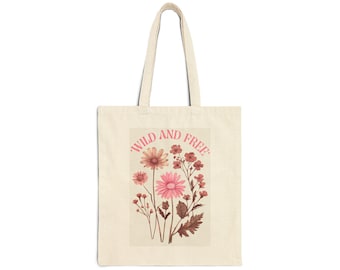 Floral Cotton Canvas Tote Bag: Wild & Free Eco-Friendly Shopping Bag