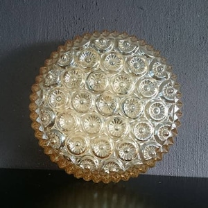 Flushmount amber nacre, pressed glass, flower design, seventies ceiling lamp