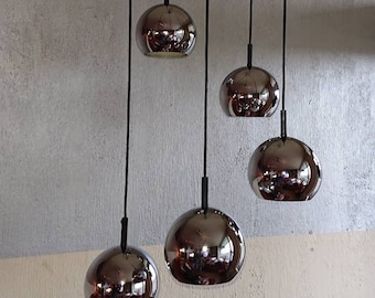 Chrome Vintage Eyeballs Hanging Lamp, 5 cascading globe pendant,  mirror lights pendant, space age era chrome light,  Hillebrand?, rewired