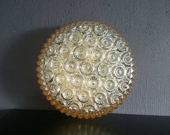 Flushmount amber nacre, pressed glass, flower design, seventies ceiling lamp