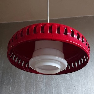 Scandinavian design pendant light, red metal, milk glass,Lyfa, Bent Karlby design,red enameled