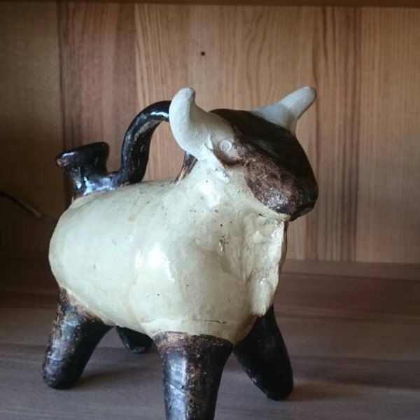 Bull zoomorphic vessel, ewer, winejug, rhyton  pottery, hand made, figurine bull,
