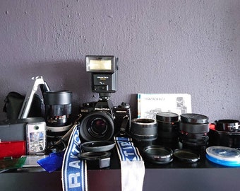 Praktica BC3 with different lenses, Flashlight Braun, Flashlight Practica, Hoya, Vivitar, Practicar Pentacon, Panagor, LPL, Auto Tamron