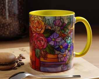 Book Lovers Faux Stained Glass Floral Bouquet Mug | Accent Coffee Mug