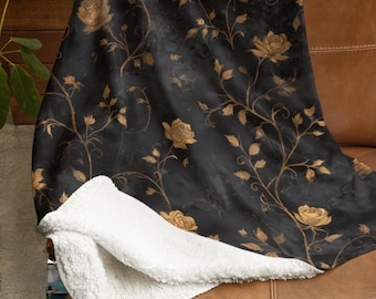 Gold & Black Floral Sherpa Blanket | Floral Throw, Vintage Botanical, Dark Academia Decor