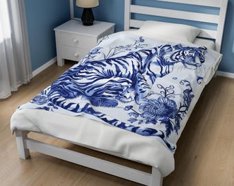 Blue Tiger Velveteen Plush Blanket - Cozy Animal Throw