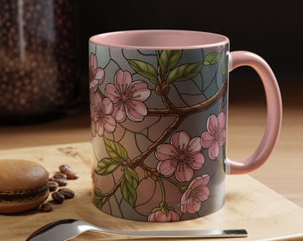 Cherry Blossom Stained Glass Accent Coffee Mug | Floral Ceramic Mug