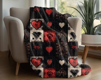 Vintage Patchwork Hearts Plush Blanket | Red Black Heart Pattern | Gothic Decor