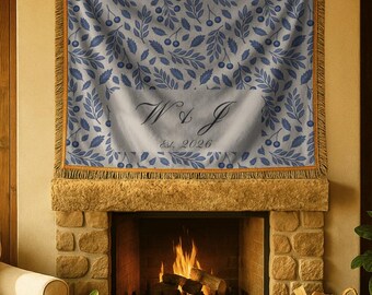 Blue Toile Cherries and Leaf Pattern Woven Blanket | Botanical Throw, Engagement Gift