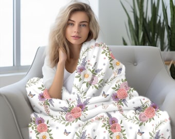 Floral Wreath Pattern Plush Blanket | Roses, Daisies & Butterflies