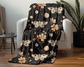 Vintage Moon Moth Pattern Plush Blanket | Floral Celestial Design