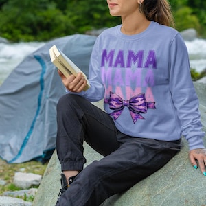 Mama Camo Bow Sweatshirt, Unisex Sweatshirt Gift for Mom, Cozy Camo Crewneck Jumper, Mother&#39;s Day Gift Shirt, Cute Purple Camouflage