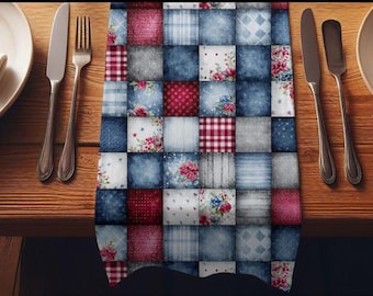 Patchwork Quilted Table Runner | Red Blue Floral Country Plaid