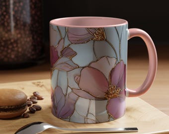 Stained Glass Pink Magnolia Mug | Gold Accent Coffee Mug 11oz 15oz