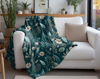 Teal Botanical Daisy Pattern Blanket | Floral Foliage Throw | Cottagecore Decor