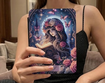 Moonlit Reading Girl Personalize Kindle Case | Floral, Butterflies & Candlelight Design | Book Lover Gift