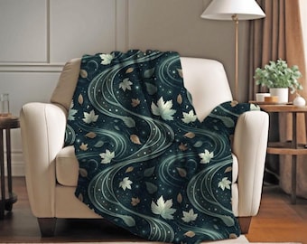 Green Falling Maple Leaves Blanket | Autumn Leaf Pattern, Cozy Throw