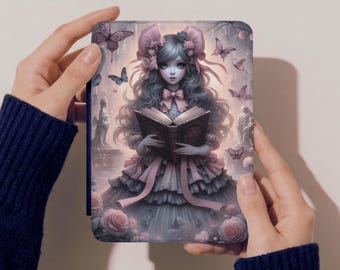 Gothic Lolita Girl holding Book Personalize Kindle Case | Dark Fantasy Book Lover Cover
