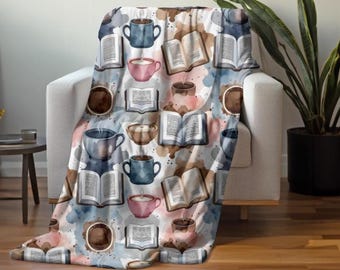 Coffee and Open Books Plush Blanket: Watercolor Reader Throw, Book lovers Decor