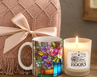 Book Lovers Reading Gift Set – Faux Stained Glass Mug, Scented Candle, Blanket