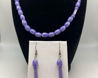 Purple Beaded Necklace and Earrings Set