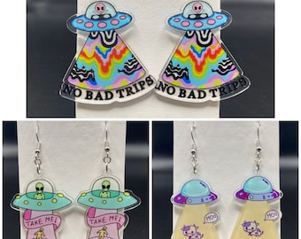 UFO Alien Earrings, Psychedelic, Cow Abduction
