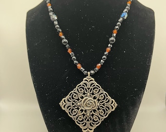Beaded Rose Pendant Necklace