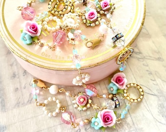 trinket bracelet gold filled handmade pink cold porcelain roses Swarovski crystals beads pearls #fb14