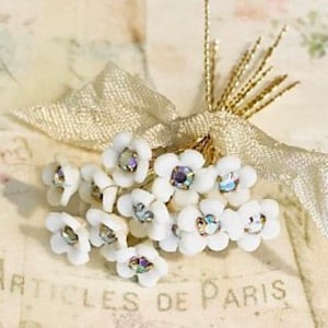 12 white handmade cold porcelain forget me not flowers with crystal centers 8-9mm