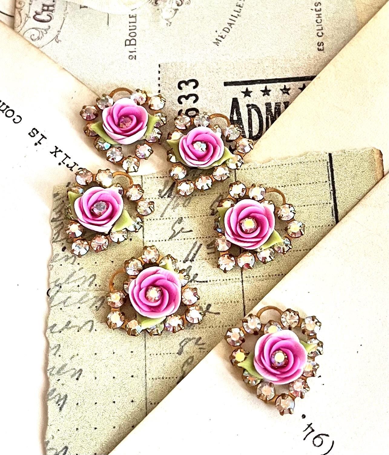 2 sparkly swarovski ab aurora borealis crystal hearts in brass setting with pink porcelain clay rose charm #bn36-47