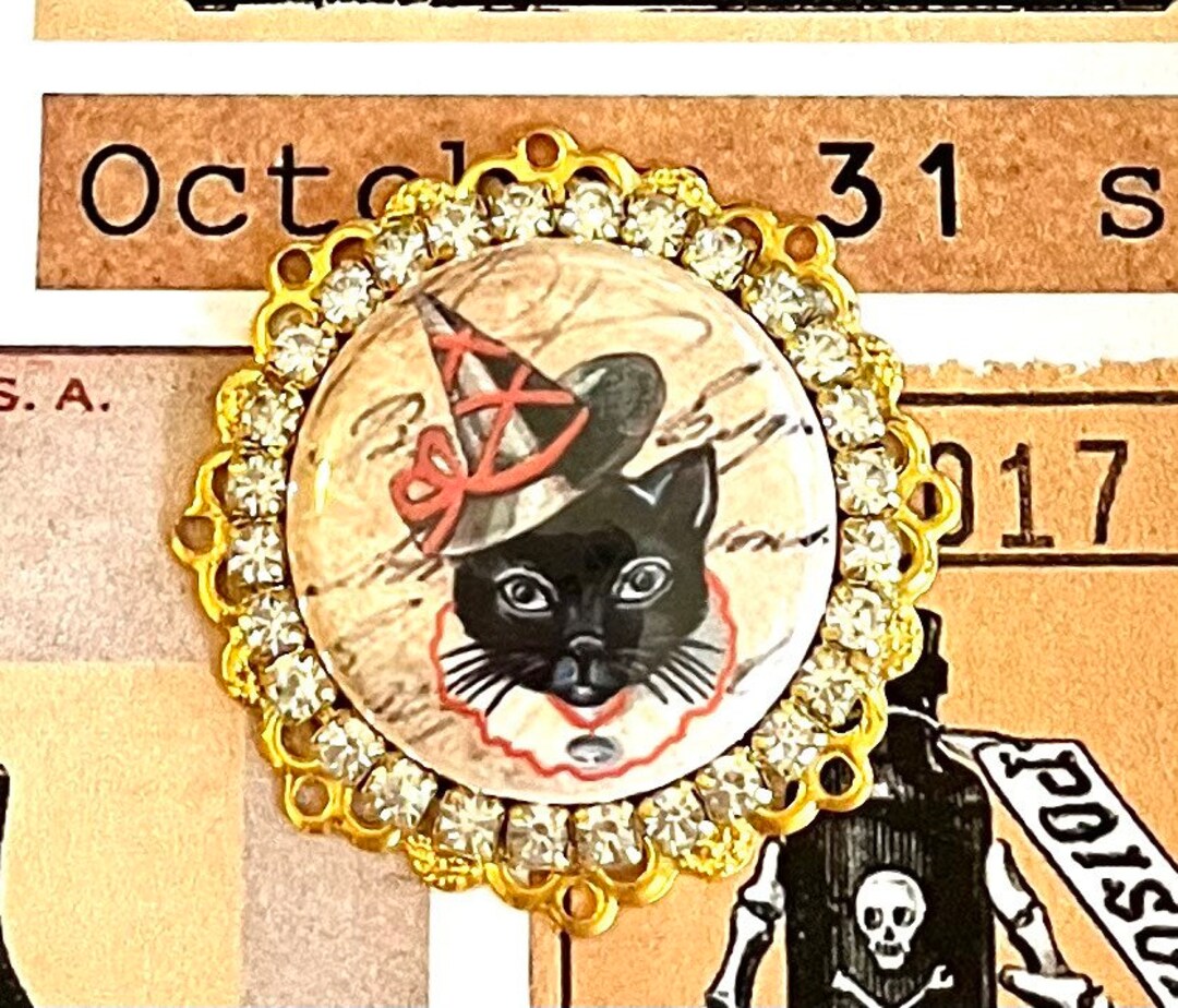 Halloween Black Cat With Witch Hat Crystal Cabachon Pendant Charm for ...