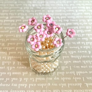 12 pink handmade cold porcelain forget me not flowers with crystal centers 8-9mm