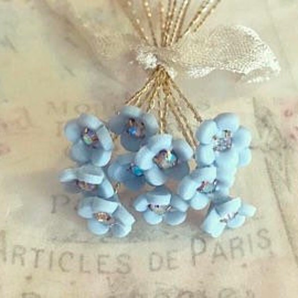 12 light blue handmade porcelain forget me not flowers with crystal centers 8-9mm