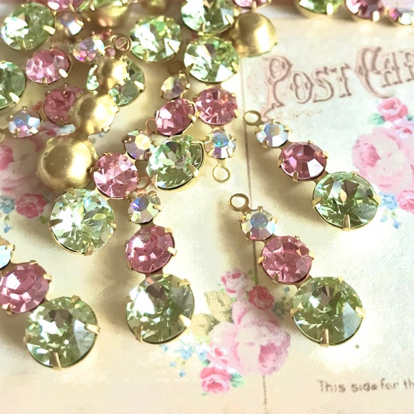 4 vintage swarovski austrian crystals in brass setting  triple drop light pink chrysolite green and AB crystals #r93drt-30