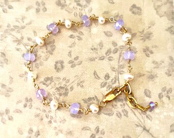 pretty lavender hydro quartz and fresh water pearls gold filled bracelet #fb13