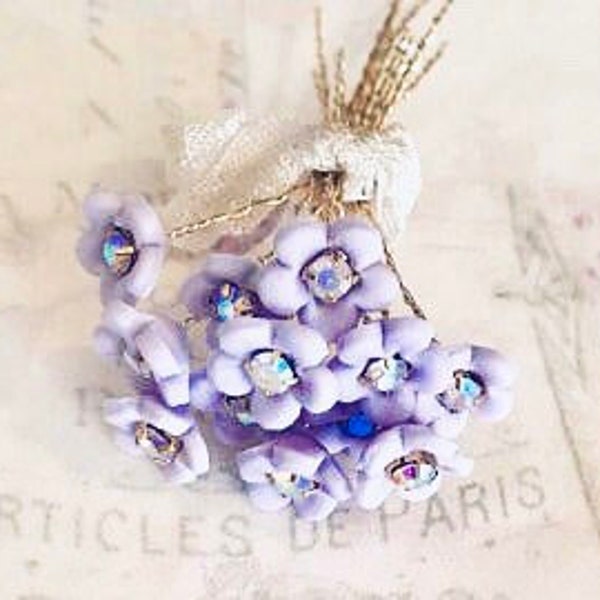 12 lavender violet handmade porcelain forget me not flowers with Swarovski crystal centers 8-9mm