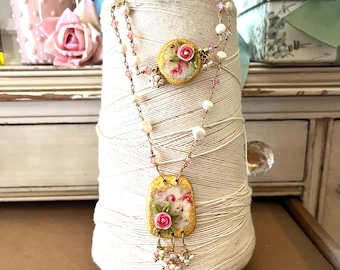necklace and bracelet set cold porcelain charms 24k gold filled with fresh water pearls crystals pink rose #fb16