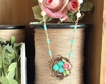 robins nest necklace 24k gold filled and plate with fresh water pearls crystals pink rose #fb13