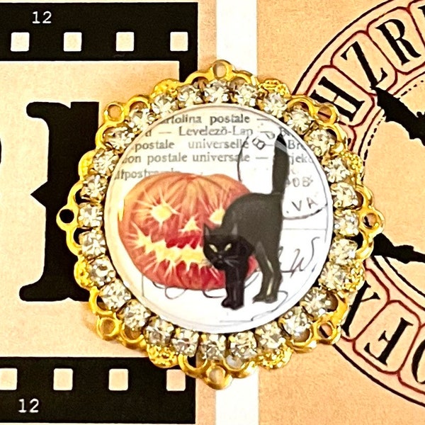 Halloween jack o lanterne chat noir cristal plaqué or cabachon pendentif pour bijoux et artisanat 35mm # pb04