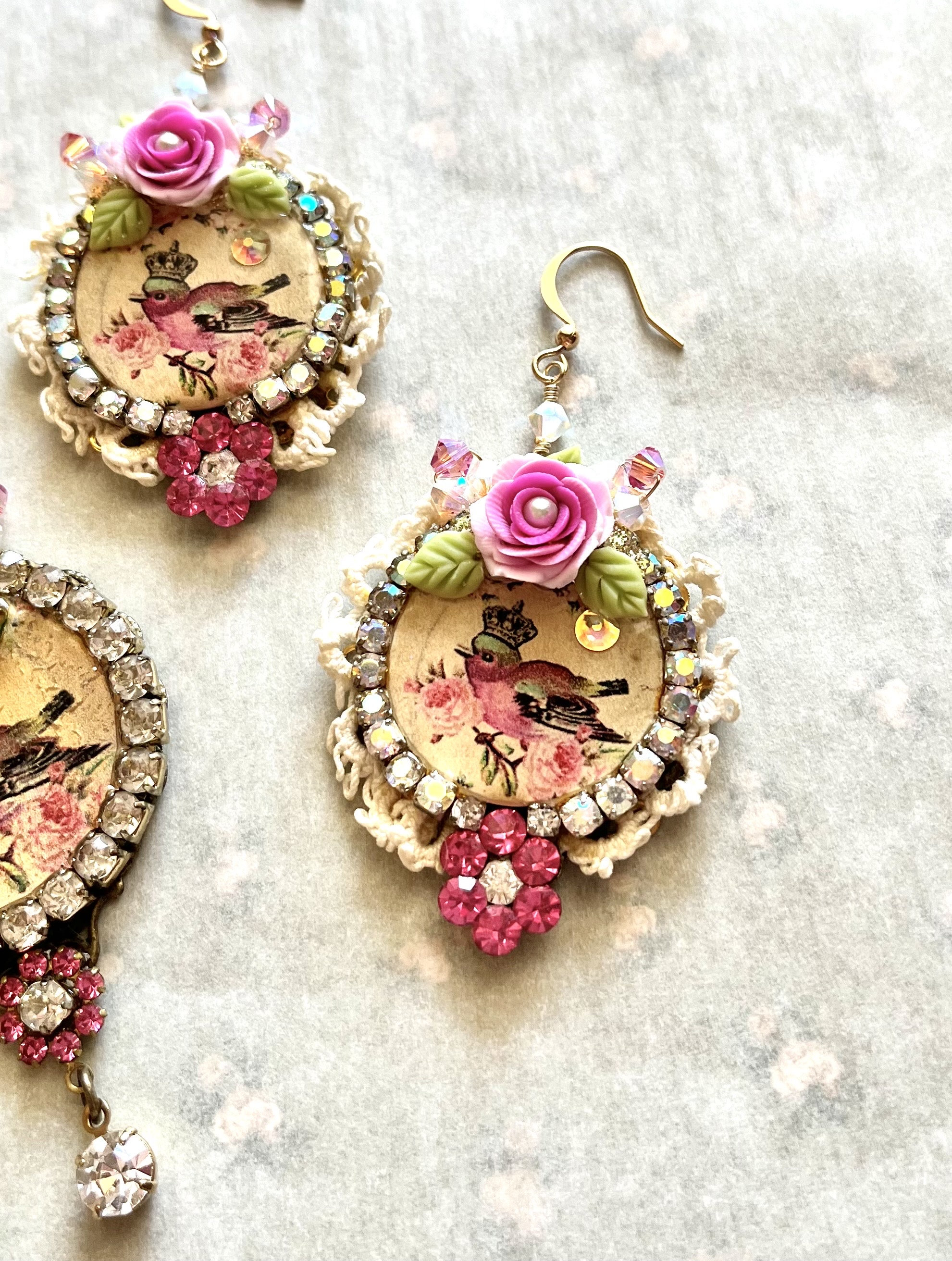 necklace and earrings set cold porcelain roses with crystals #fb01